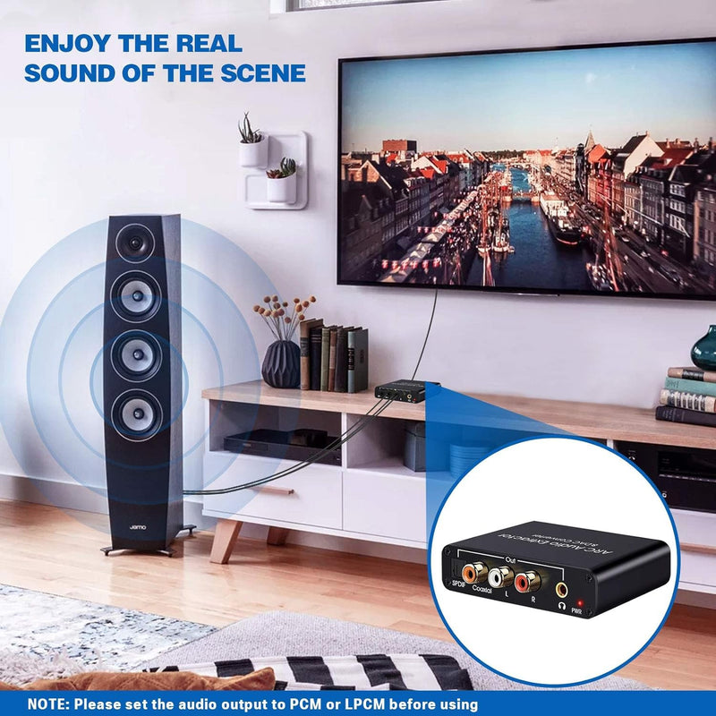 HDMI ARC Audio Extractor 192KHz Digital to Analog Audio Converter HDMI ARC Input SPDIF Optical to 3.5mm RCA Converter Optical Coaxial Stereo Adapter with 3 Mode Switch HDMI ARC Adapter 1