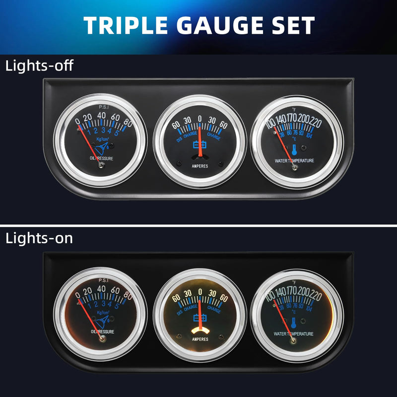 MH 2inch 52mm Triple Gauge Set, Oil Pressure Gauge Water Temp Temperature Ammeter AMP Car Auto 3 Gauges Cluster Set kit