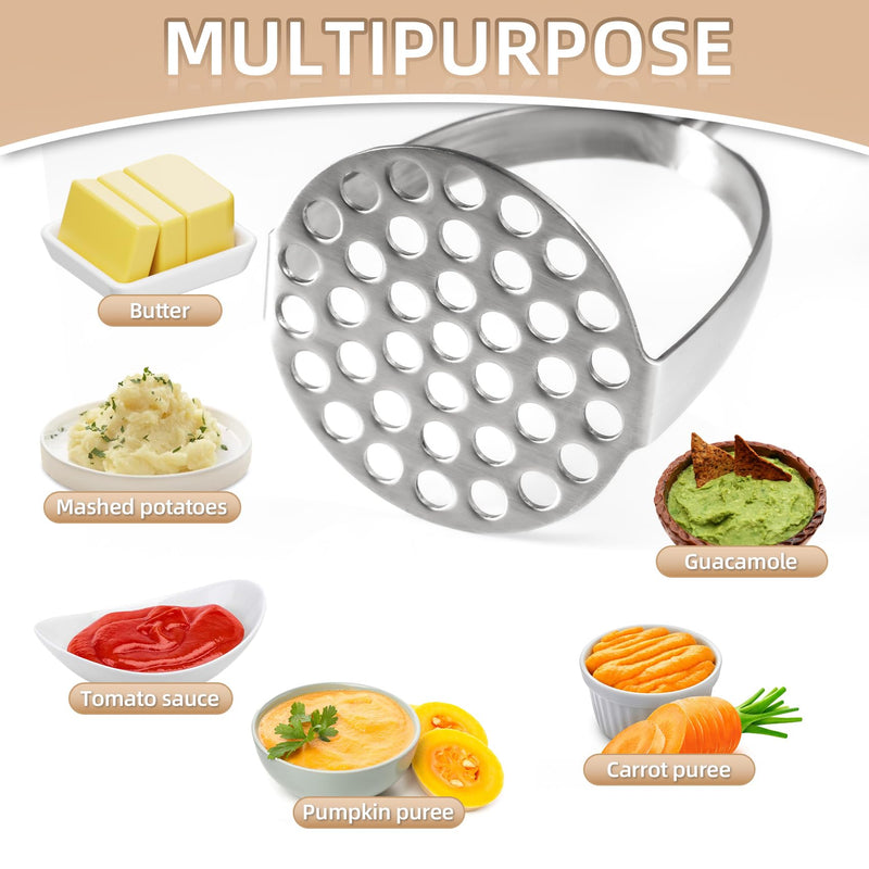Potato Masher Stainless Steel,Wooden handle Potatoes Smasher, Manual Mashed Potato Masher Kitchen Tool for Avocado,Potatoes, Vegetables, 13.5Inch Long handle Large Heavy Duty Metal Mashing Utensil Black wooden handle large