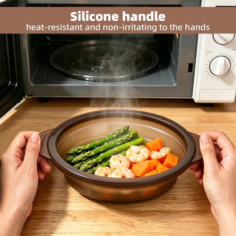 Microwave Steamer Cooker Collapsible Bowl-Silicone Steamer Cookware with Handle Lid for Vegetables Fish Prep Meal Food with Removable Rack BPA Free, Easy to Store, Freezer & Dishwasher Safe, Large Black