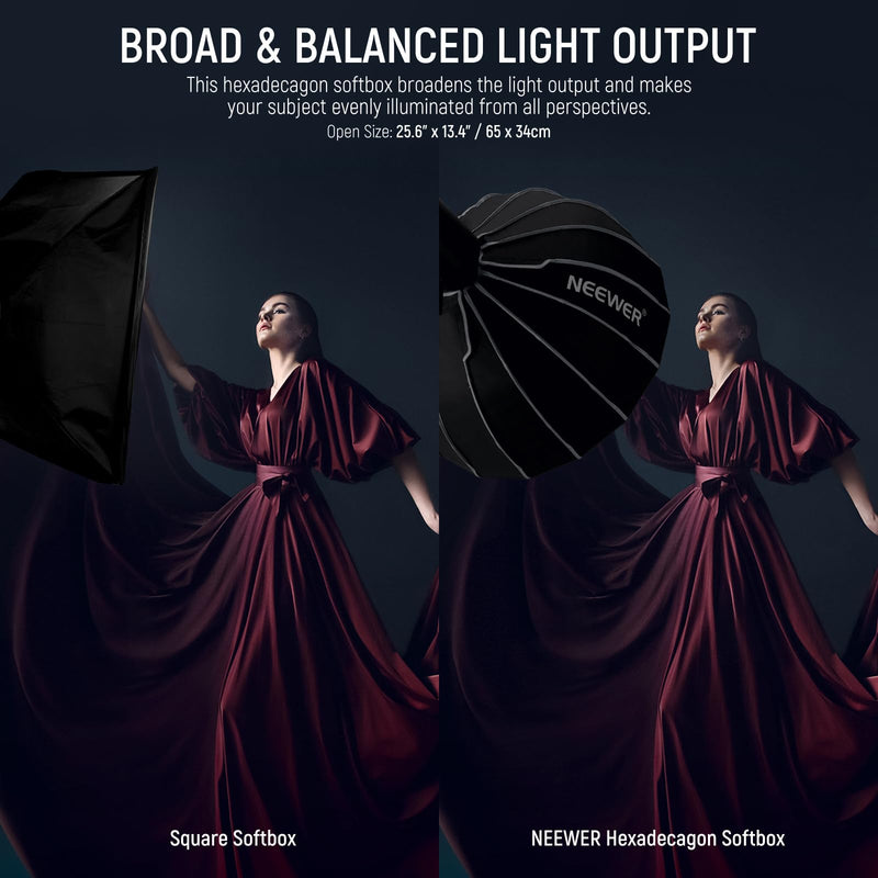 NEEWER 25.6"/65cm Softbox Parabolic Hexadecagon, Quick Setup/Fold Like Umbrella with Bowens Mount, Metal Beauty Dish/Diffusers/Grid/Bag for CB200B CB60 MS60B MS60C Compatible with Aputure Godox, NS65U