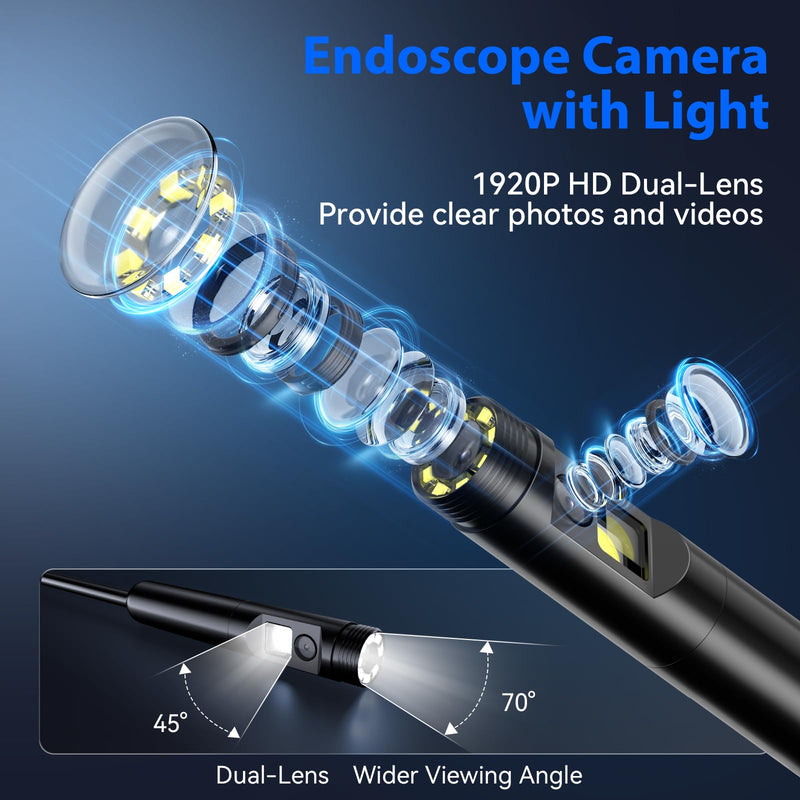 Endoscope Camera with Light, Dual-Lens 1920P HD Borescope Tools with 8+1 Adjustable LED Lights, 9.8FT Semi-Rigid Snake Cord IP67 Waterproof Inspection Camera for iPhone, iPad, iOS and Android Phone Dual Lens