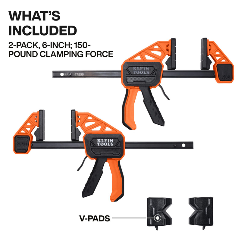 Klein Tools 47550 Bar Clamp, Speed-Klamp 6-Inch, Clamp / Spreader 2-Pack, 150-Pound Clamping Force, One-Handed-Operation for Woodworking and Metal Projects 6-Inch, 2-Pack