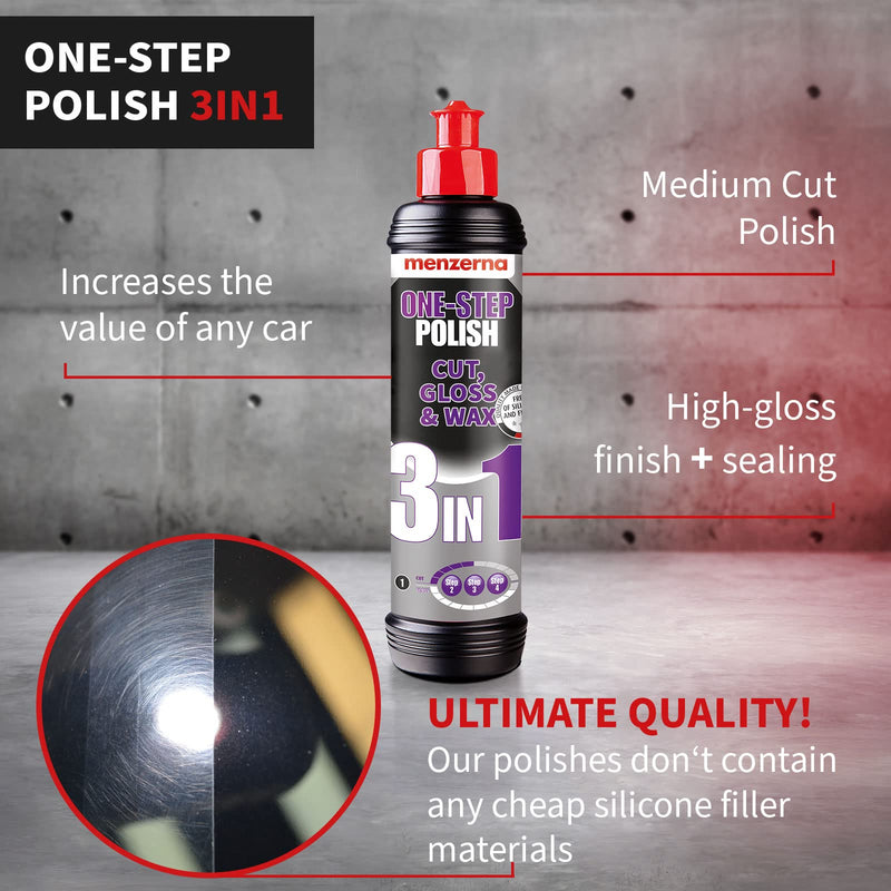 menzerna "One-Step Polish 3in1" I Medium Cut Polish with High Gloss Finish & Seal in One I Buffing & Polishing Compound for Car Maintenance I Swirls, Holograms & Scratches I Car Body Repair I 8 fl oz. 8oz