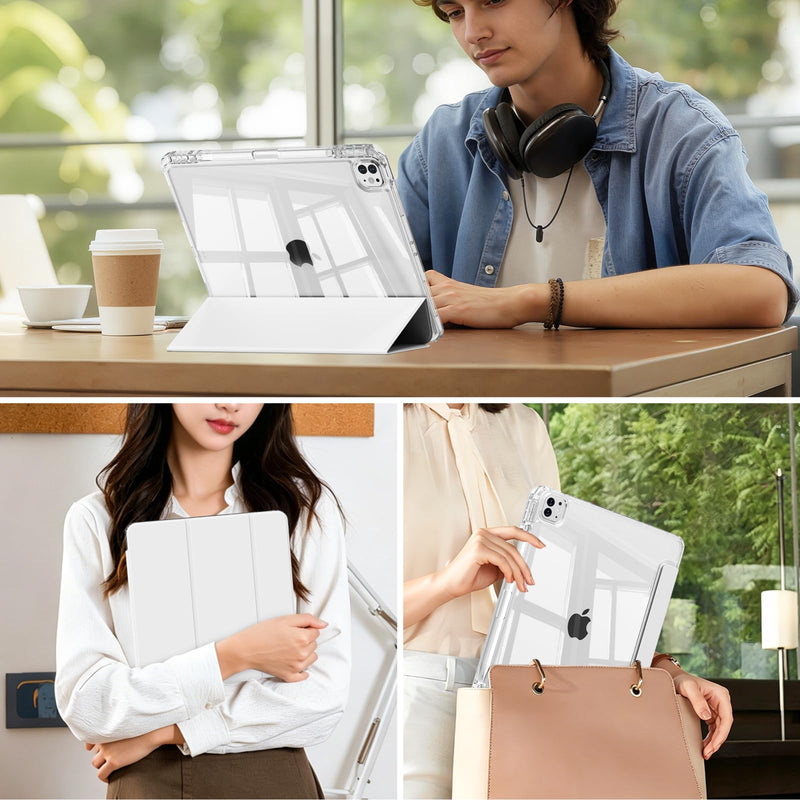 Clear Case for iPad Pro 12.9 inch 6th/5th/4th/3rd Gen & iPad Air 13 inch (M4/M3/M2) with Pencil Holder, Smart Slim TPU Case with Transparent Hard PC Back Cover, Auto Wake/Sleep (Gray) iPad Pro 12.9 & Air 13 inch Case Gray