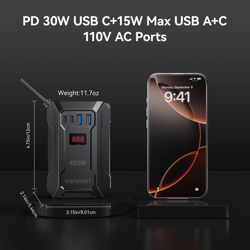 400W Car Power Inverter DC 12V to 110V AC Inverter with PD 30W/15W+2*USB A Ports & 2 AC Outlets for Laptop/Phone/Road Trip