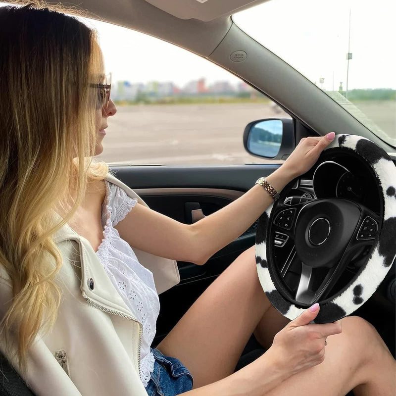 JINGSEN11 Pieces Fluffy Car Accessories Set,Fluffy Cow Print Plush Steering Wheel Covers for Women Soft Fleece Handbrake Cover Shift Cover Car Trim Warm Non-Slip (Black) black