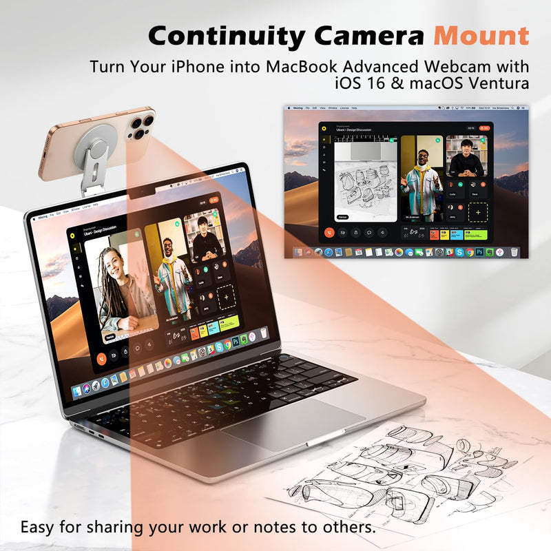 Magnetic Phone Holder for Laptop, Adjustable Computer Monitor Side Mount for iPhone 17/16/15/14/13/12 MagSafe for Tesla, Slim Portable Foldable Cell Phone Holder, Silver