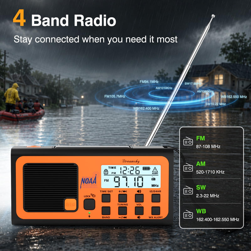 DreamSky Emergency Radio NOAA Weather Alert with Hand Crank | Radio Portable AM FM SW, 18500mWh Rechargeable Battery Operated, Solar Powered, SOS Alarm, Flashlight, Reading Lamp, USB Port Orange
