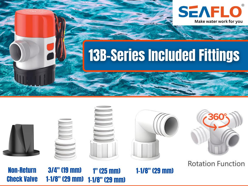 SEAFLO 13B Series 800 GPH Automatic Bilge Pump - 12V,Electronic Sensing Marine Submersible Boat Pump, 18 ft Head, 1 in + 1 1/8 in Outlet, Anti Airlock, Cartridge Motor Design, 4 Year Warranty