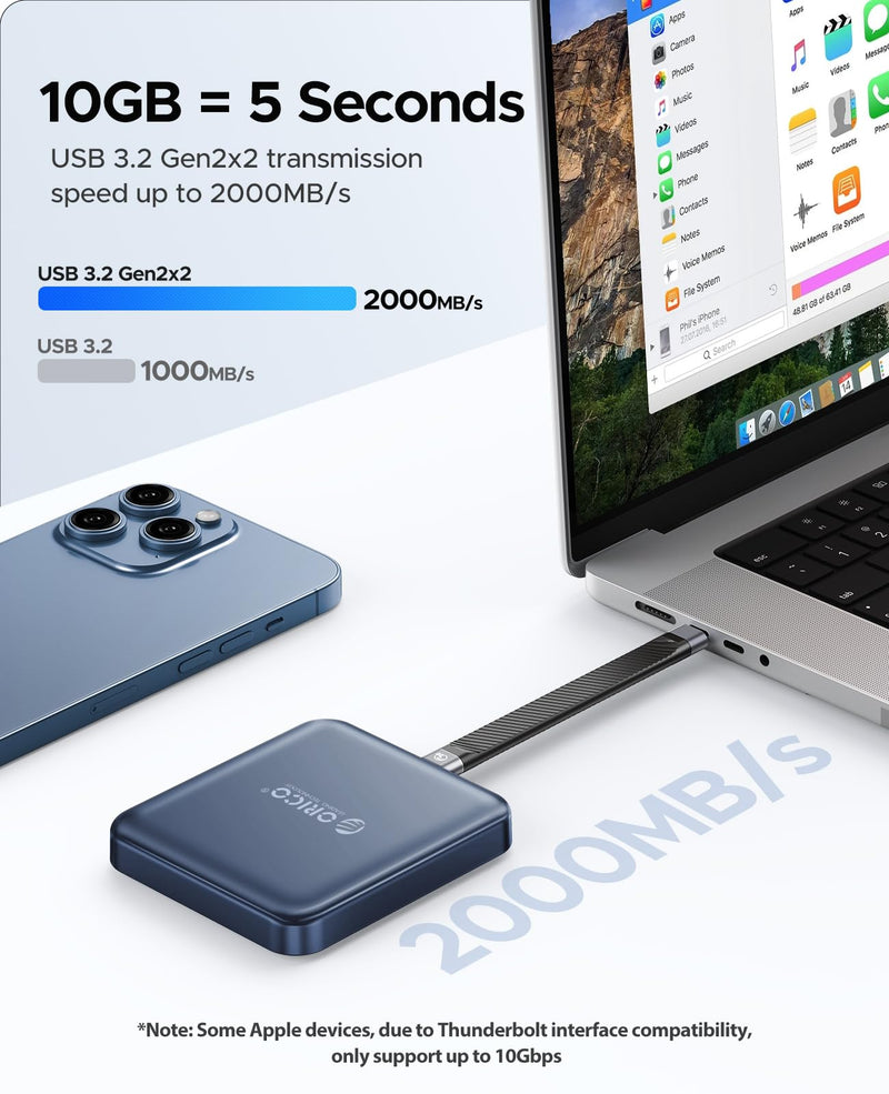 ORICO 512 GB Magnetic External SSD, 4K ProRes HDR Record and Store, USB3.1 Gen2(1000MB/s), USB3.2 Gen2*2(2000MB/s), Portable Solid State Drive, Compatible with USB-C Smartphone, Computer - A20PLUS