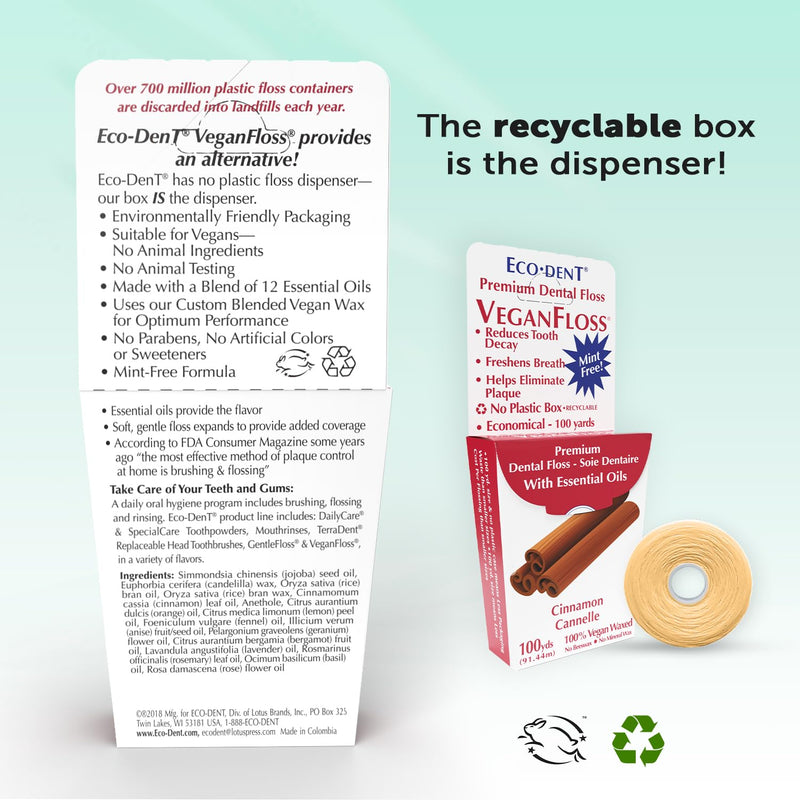 Eco-Dent VeganFloss Dental Floss, Waxed, Cinnamon - Floss with Vegan Plant-Based Wax, Recyclable Cardboard Packaging, 100 Yds (Pack of 6) 600 Count (Pack of 1)