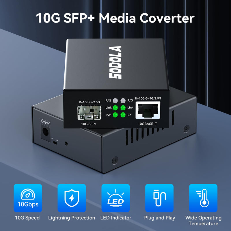 SODOLA 10GbE SFP+ Media Converter| RJ45 to SFP+ Transceiver | 100KM Fiber Support | Plug & Play | Port Lightning Protection 10Gb Ethernet Transceiver, (SFP Modules NOT Included)