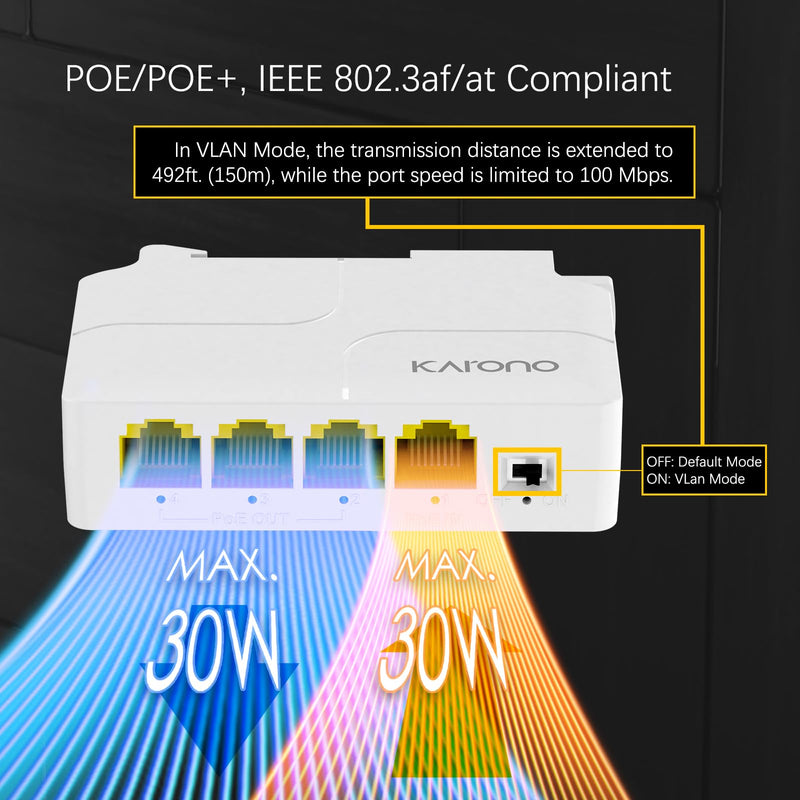 4 Port Gigabit PoE Extender / Repeater with 3 PoE Out, 1000Mbps Support IEEE802.3af/at, VLAN, Din-Rail & Wall Mount POE Passthrough Switch / Booster, Plug and Play