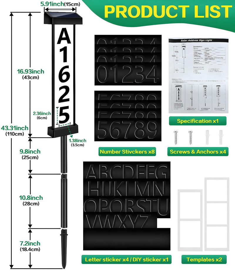 DBF Solar Address Sign, Dual-Sided House Numbers for Outside Waterproof, 3 Colors LED Illuminated Solar Powered Address Plaque with Stakes, Outdoor House Number for Yard Street Home Garden, Vertical Ground&Wall