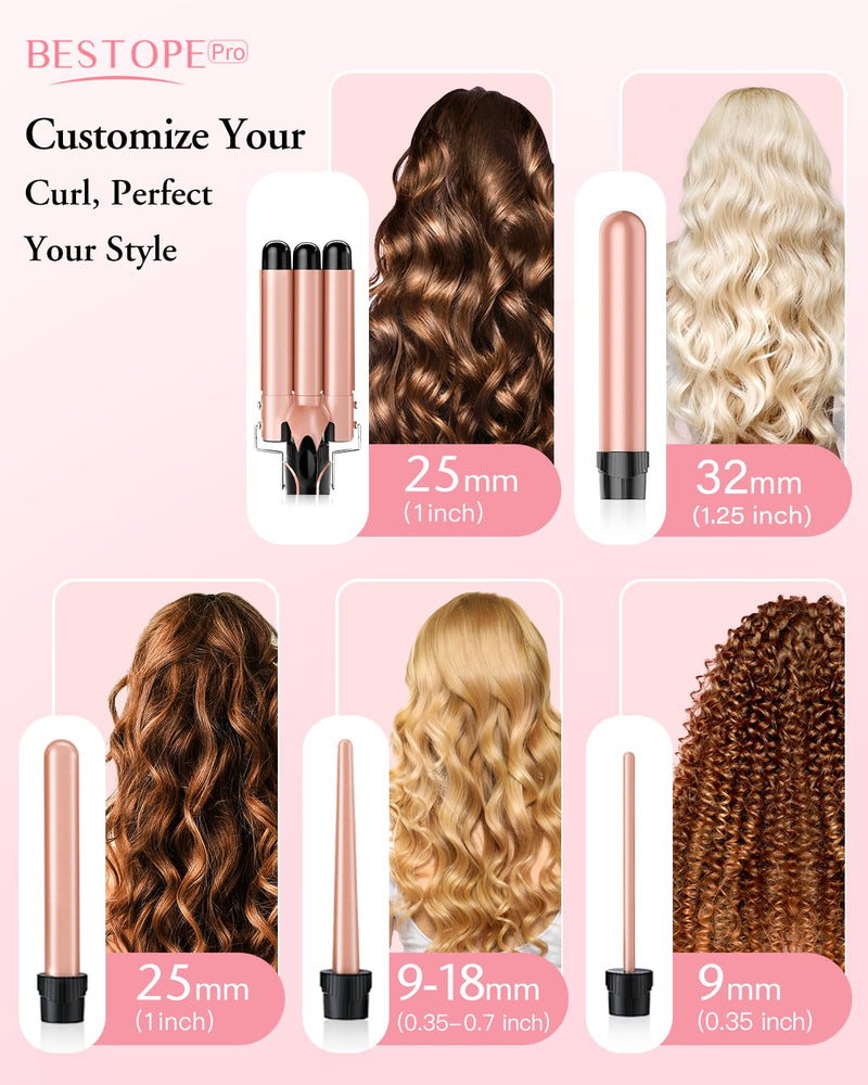 BESTOPE PRO 5 in 1 Beach Waver Hair Curler, Curling Iron (9-32mm) with 2 Temperature Control, Mermaid Hair Waver with Heat-Resistant Glove and 2 Clips for Long Medium Short Hair Rose Gold