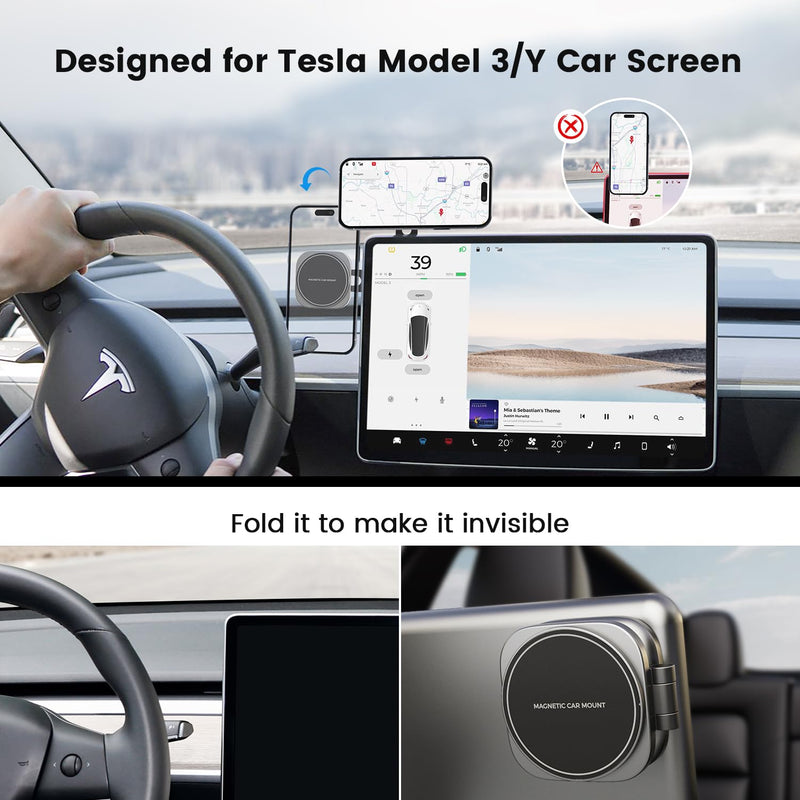 Phone Mount for Tesla Model 3 Model Y, Strong Magnetic Designed for MagSafe Car Mount Phone Holder for Tesla Screen Monitor, Invisible Foldaway Tesla Accessories for iPhone 12/13/14/15 Series Updated Version