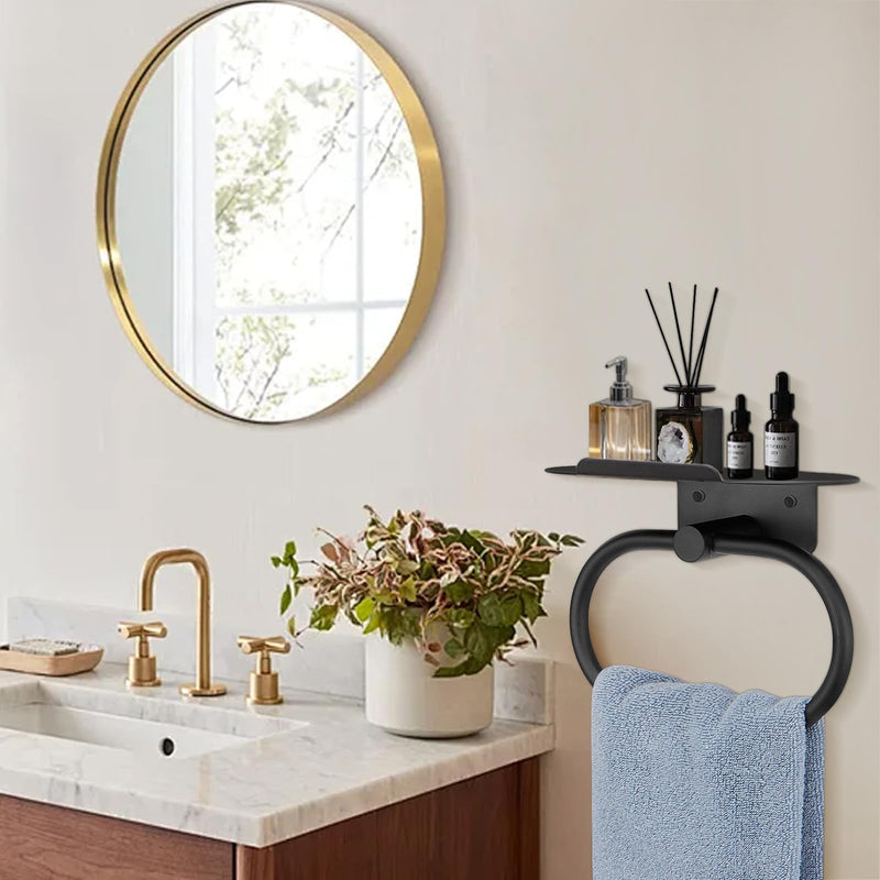 Hand Towel Ring with Shelf, Stainless Steel Hand Towel Holder, Heavy Duty Bath Accessories, Wall Mounted Towel Hanger for Bathroom Kitchen (Matte Black) Matte Black
