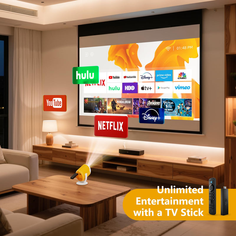 Portable Mini Projector with WiFi and Bluetooth Rotatable Movie Projector with Electronic Focus LED Pico Projectors for Home Theater Compatible with Smartphone, TV Stick, Laptop, HDMI, USB