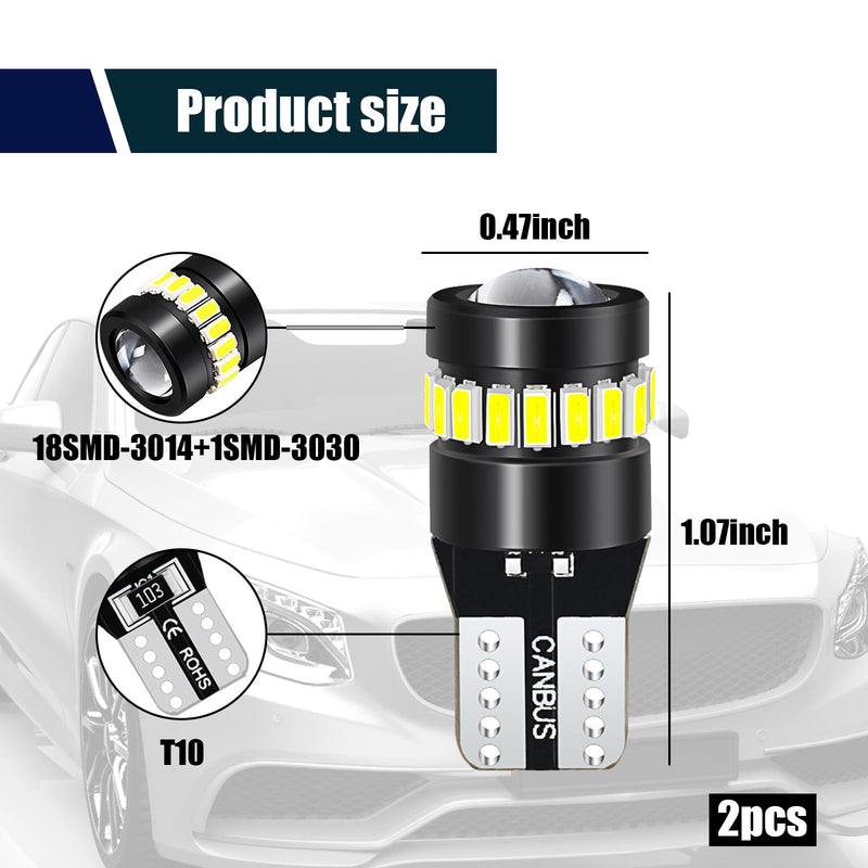 ZKFAR 2 PCS T10 LED Bulbs, 18SMD 3014 1SMD 3030 Chipset, 155 Lumens Super Bright Light 6500K White Light, Car LED Width Light Side Marker Light