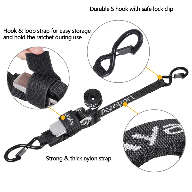 Ayaport Boat Tie Down Straps to Trailer (Stainless Steel Ratchet) 5 Feet, 2400lbs Break Strength Heavy Duty Ratchet Boat Straps, Boat Transom Straps Boat Trailer Accessories for Boating Safety, Black 1" x 5' -Stainless