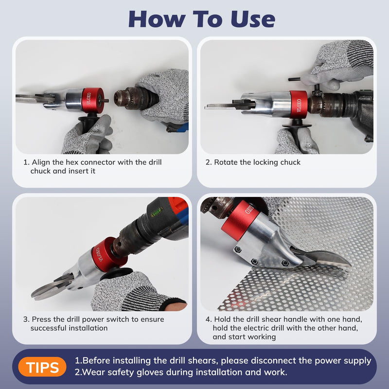 VLOXO Drill Metal Shear Attachment Shear Metal Cutter with 360-Degree Pivoting Head Cordless Electric Drill Attachment Professional Metal Cutting Tool for Cuts Iron Sheet Aluminum and Copper