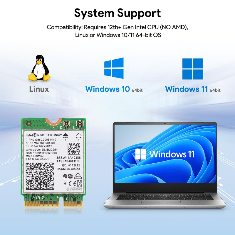 Intel AX211NGW Wi-Fi 6E Laptop Mobile Wireless Card: Tri-Band (2.4/5/6GHz), 2.4Gbps max Speed, Bluetooth 5.3, M.2 2230 CNVio2, MU-MIMO, OFDMA, Miracast. Support for Windows, Linux and Chrome. Wifi 6E