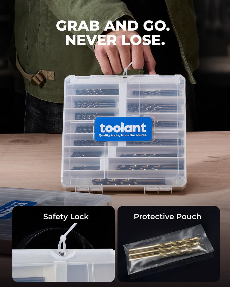 toolant 99Pcs Drill Bit Set,Cobalt Drill Bits Index for Hardened Metal,Stainless Steel,Plastics, Wood,Titanium Twist Jobber Drill Bits Bulk 1/16"-3/8", with Plastic Index Storage Case 99Pcs Cobalt Drill Bit Set
