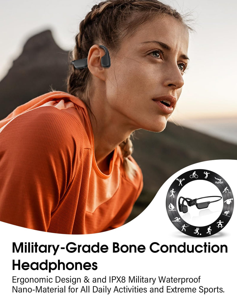 Bone Conduction Headphones, Swimming Headphones, Open Ear Headphones, Black | IPX8 Waterproof MP3 Mode 8GB Memory Up to 12 Hours Playtime, Bluetooth 6.0 Earbuds Secure Fit for Running and Fitness