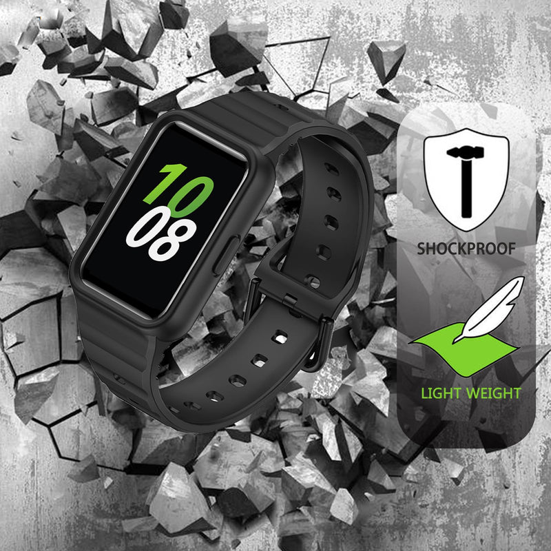 Compatible with Samsung Galaxy FIT3 Rugged Bumper Case with Band, Sport Silicone Protective Case for Samsung Galaxy FIT 3 Smart Watch for Women Men black