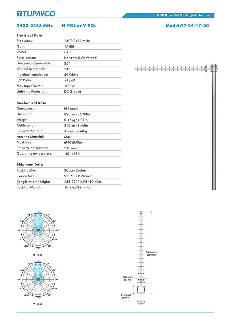 Tupavco TP513 Yagi WiFi Antenna 2.4GHz (17dBi) Outdoor Directional Signal (H:25° V:24°) Long Distance Range (High-Gain Weatherproof) Wireless Network (Pole Mount) N-Female Pigtail Connector