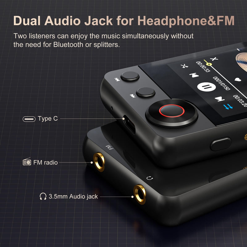 MECHEN D53 128GB Bluetooth MP3 Player 2.4" Touch Screen Black | Voice Recorder, FM Radio, HiFi Speaker, Supports 512GB SD Card, Compact Design