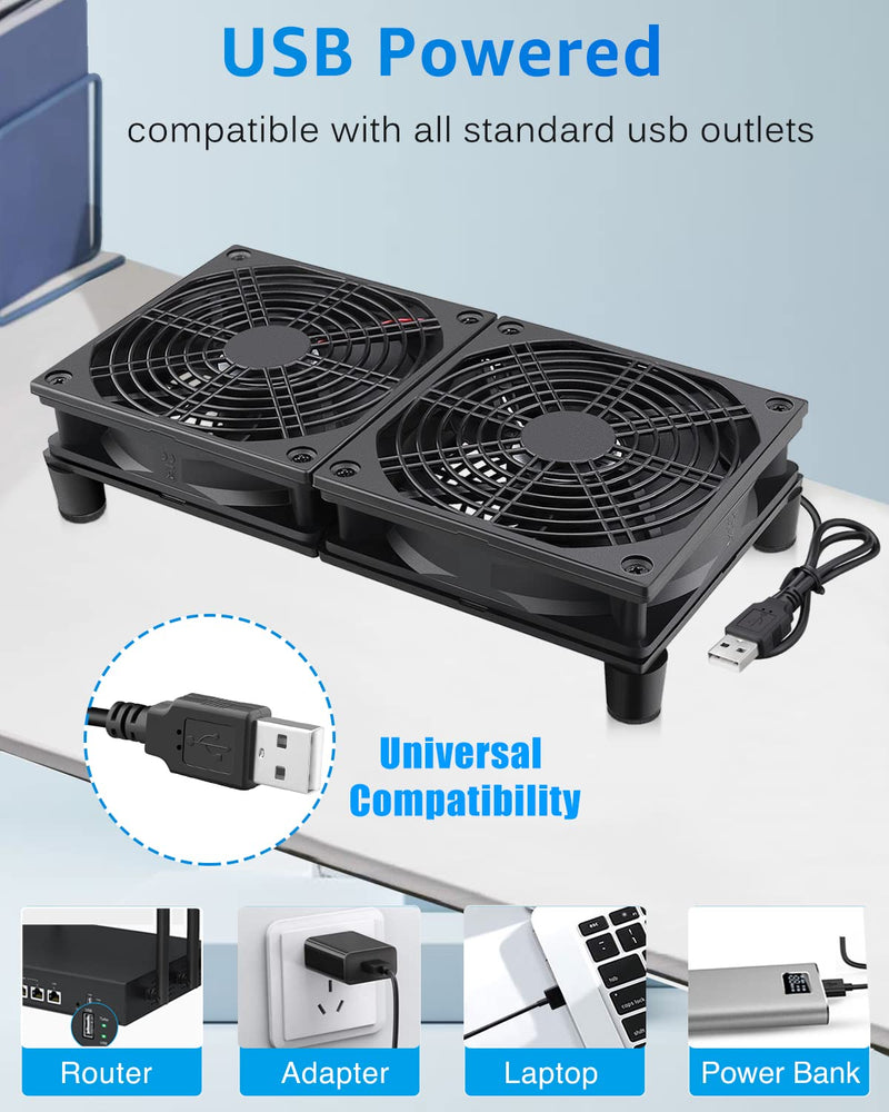 GDSTIME 240mm Router Fan Cooler with L/M/H Speed Control DC 5V USB Powered | Quiet Dual 120mm USB Computer Fan, for Router, Modem, Receiver, DVR, PlayStation, Xbox, Amplifier, Laptop, AV Cabinet Cooling 240mm USB Fan