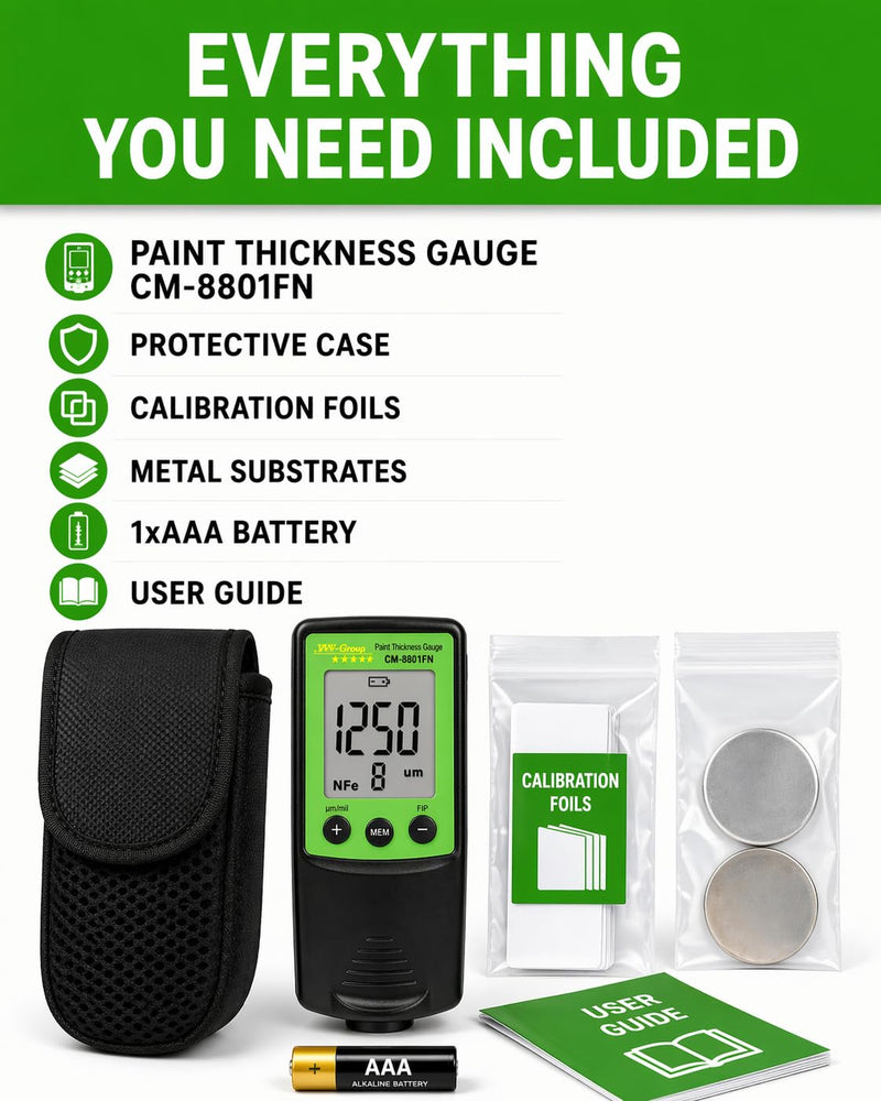 Paint Thickness Gauge CM-8801FN for Cars – Digital Coating Thickness Meter, Auto Fe/NFe Detection, 1 μm Resolution, 0–1250 μm (0–49 mils), ±(3%+2 μm) Accuracy, Automotive Inspection Tool