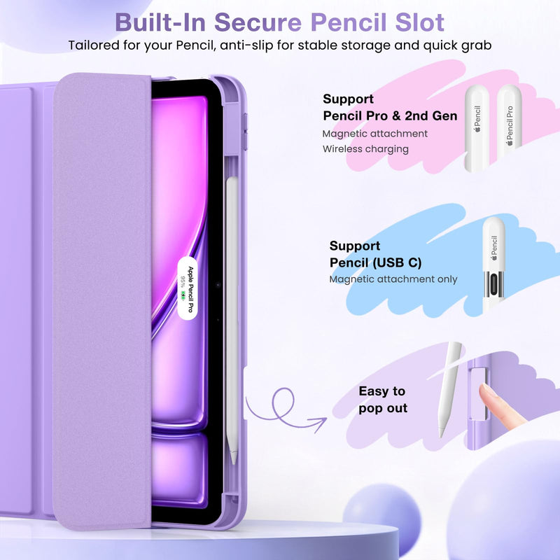 MoKo Slim Case for iPad Air 11 Inch, iPad Air 5th/4th Gen, Lilac | With Pencil Holder, Supports Touch ID, Hard PC Back Shell, Trifold Stand Design, Auto Sleep/Wake, 2 Adjustable Angle