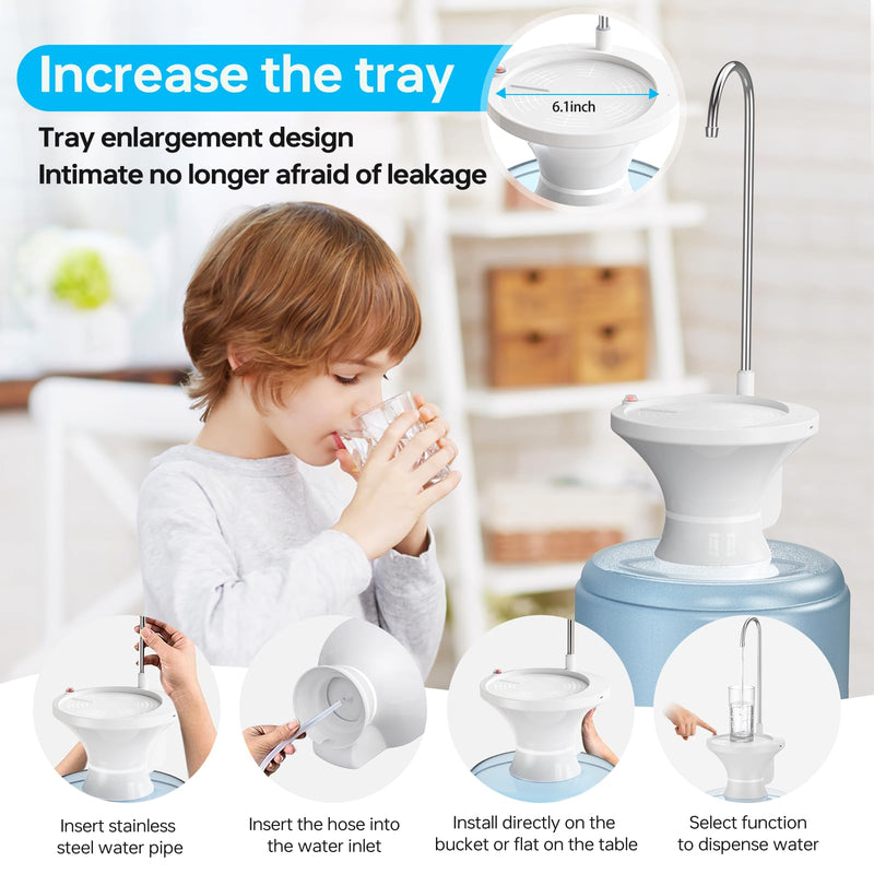 Water Dispenser for 5 Gallon Bottle, Electric Drinking Water Bottle Pump for 2-5 Gallon Jugs, USB Rechargeable Water Pump with 2 Switch Control for Home, Office, Camping White