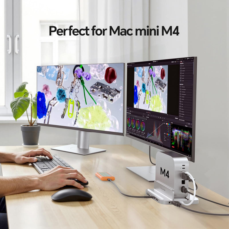 9 in 1 Mac mini M4 Dock with HDMI 4K & 4TB M.2 SSD Enclosure, Aluminum Vertical USB-C Hub Stand for Mac mini M4 Pro Hub, USB-A/C 10Gbps, 2xUSB-A 2.0, 3.5mm Audio, SD/TF (SSD NOT Included)
