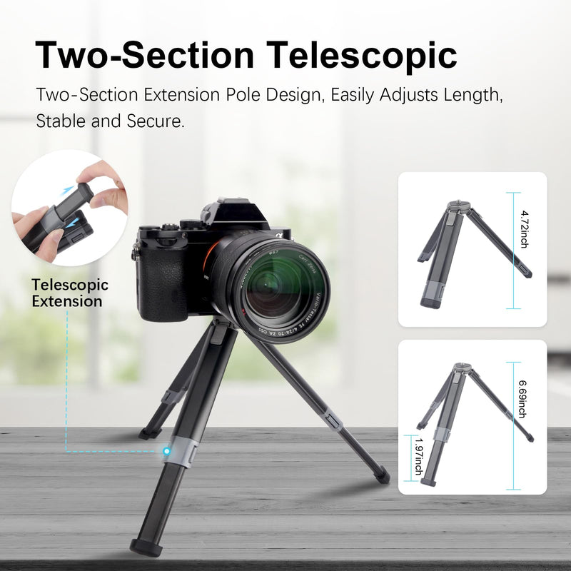 Mini Camera Tripod Kit, All Aluminum Desk Tripod with 360° Phone Holder for DSLR/Action Camera/Cellphone, Phone Tripod Stand Selfie Stick for Video Recording/Vlogging, Max Load 11lbs (SY027)