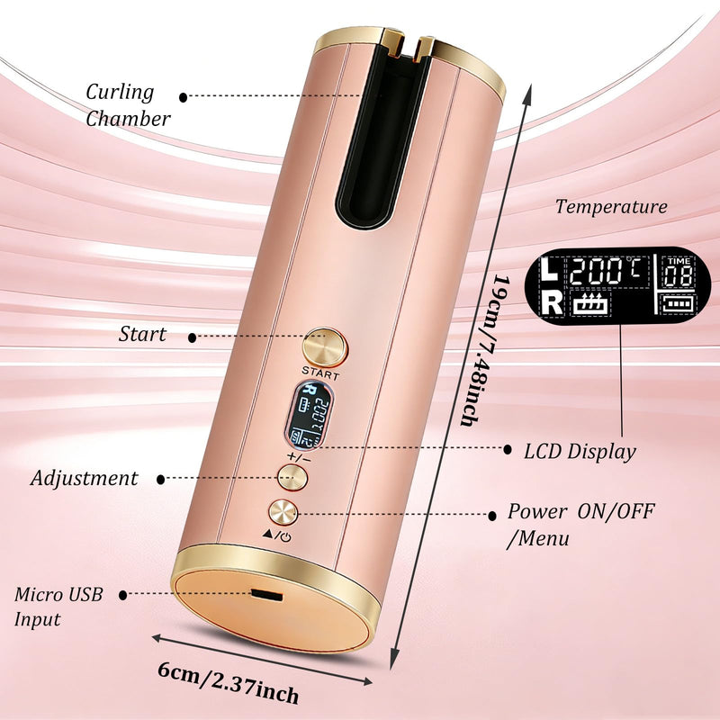 Hair Curler Cordless Automatic Rotating Rechargeable Anti-Scald Rose Gold | Cordless Ceramic Curling Iron|6 Temperature Settings|Compact Rechargeable Automatic Curling Iron for Travel & Outdoor Use