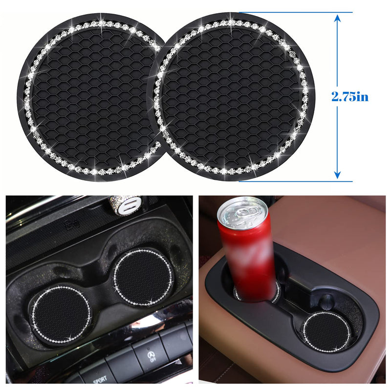 Bling Car Accessories for Women,7 Pack Sparkly Rhinestone Diamond Steering Wheel Cover Set,Bling Seat Belt Cushion,Shift Knob Cover,Push Start Button Accessories,Car Cup Coaster,Silver A-Classic Style White