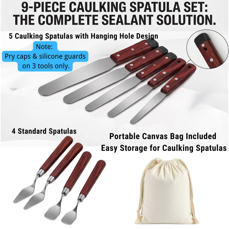 9-Piece Professional Caulking Spatula Set with Wooden Handle | 9-piece caulking tool kit with 1.0mm ultra-flexible stainless steel scraper, canvas bag for baseboards, sinks,tight gaps 9pcs Reddish Brown