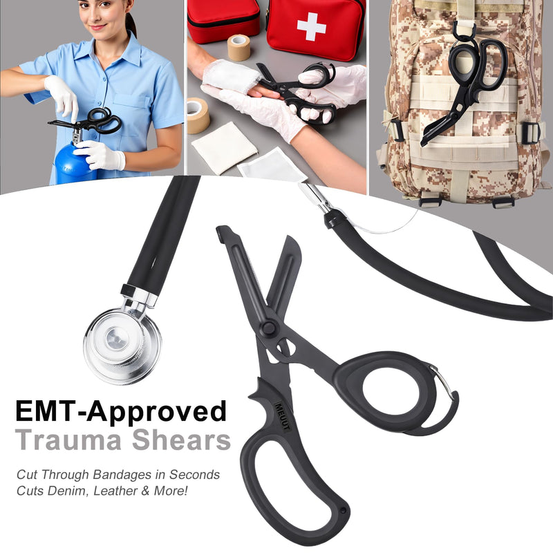 MEUUT 2 Pack Medical Scissors Trauma Shears with Carabiner design for left and right hand, 7.5" Fluoride Coated Non-stick Blades Bandage Scissor for Nurses, EMT, Household, outdoors Black/Black+black/Black