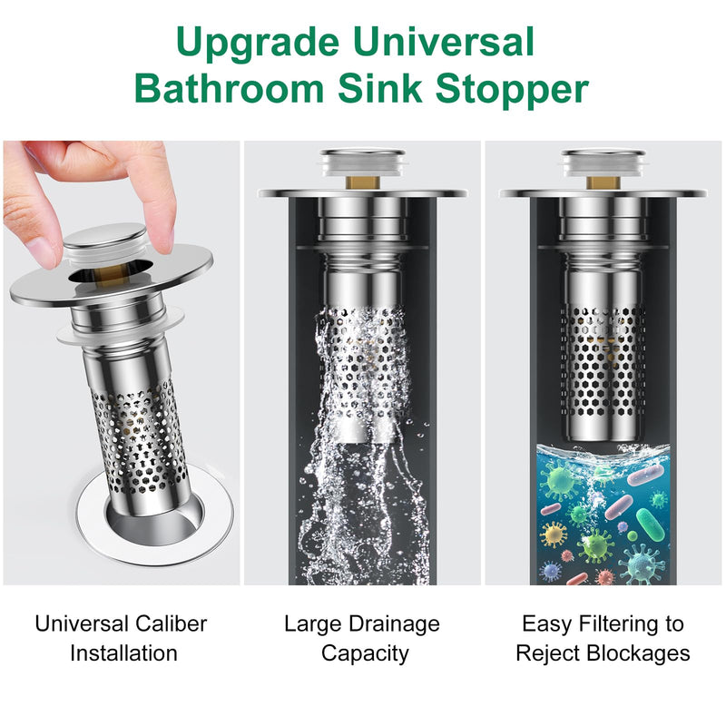 Bathroom Sink Drain Strainer,Universal Pop-Up Sink Stopper Hair Catcher, Anti-Clog Stainless Steel Drain Filter Basket, Removable Sink Drain for Bathroom Sink Stopper Silver-3pack