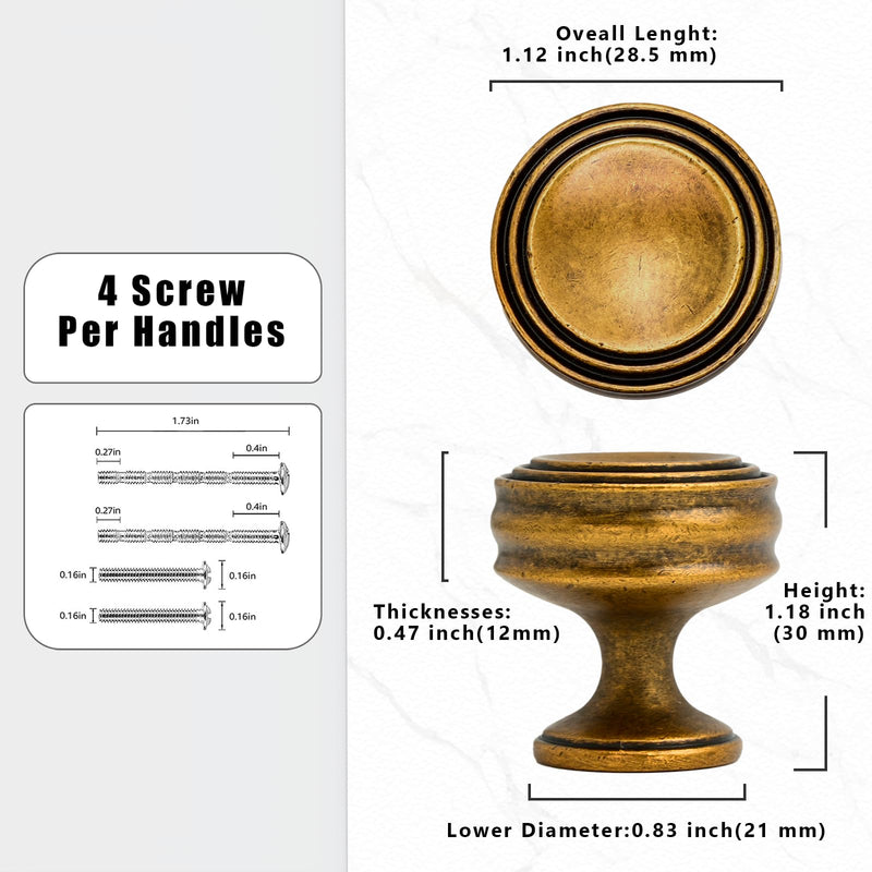 10 Pack Antique Brass Cabinet Knobs 1-1/10 Inch(28.5mm) Single Hole Cabinet Pulls Round Kitchen Cabinet Knobs Drawer Knobs Single Hole Knob