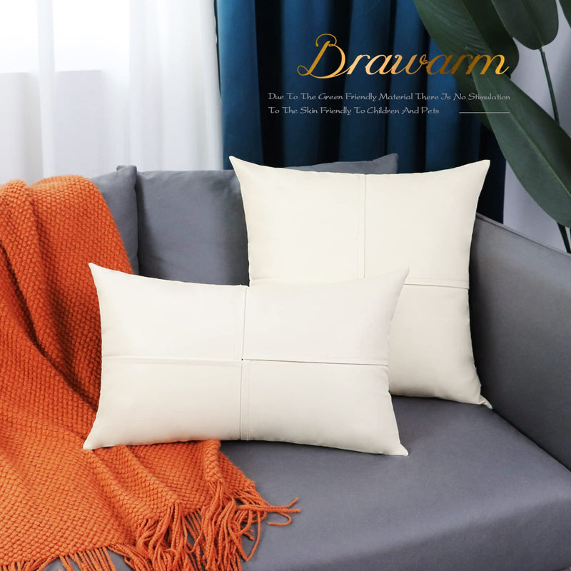 BRAWARM Faux Leather Throw Pillow Covers 22 X 22 Inches, Cream Leather Pillow Covers Pack of 2, Hand Stitched Leather Decorative Throw Pillows for Couch Sofa Bed Living Room Home Garden 22" x 22" (Pack of 2)