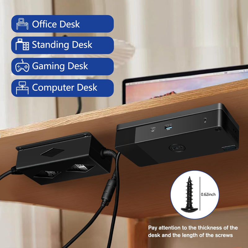 Under Desk Mount for Dell WD19 / WD19S / WD19TBS / WD19TB / WD22TB4 Dock + Power Bricks (for 180W and 130W), Docking Station & Power Bricks Holder Black