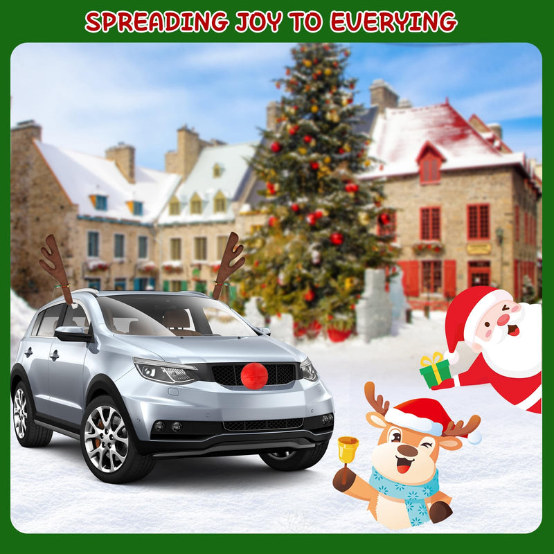 Reindeer Car Decoration for Christmas with Nose, 4PCS Window Sticker, Antlers for Car Reindeer Window Roof-Top & Front Grille, Auto Holiday Decoration Reindeer Ears for Car SUV Van Truck 15.5 inches