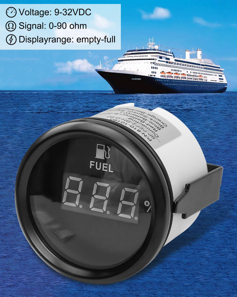 0-90 ohm Marine Fuel Gauge, Waterproof Boat Fuel Level Gauge, Gas Fuel Tank Meter Gauge for Car Boat RV Truck Vehicle, with 52mm Dial & LED Backlight & Digital Display with Digital Display