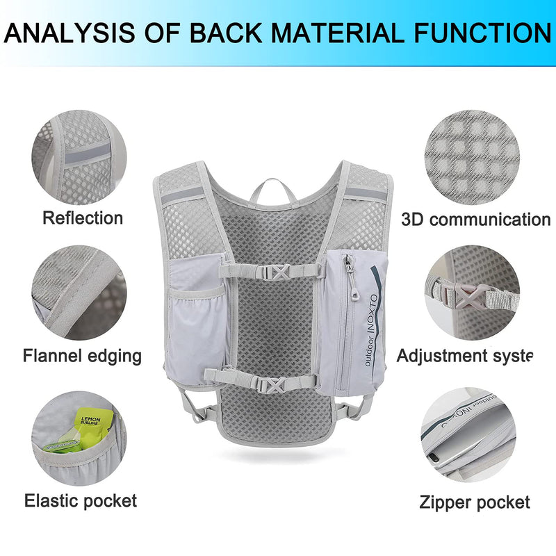 INOXTO Running Hydration Vest Backpack,Lightweight Insulated Pack with 1.5L Water Bladder Bag Daypack for Hiking Trail Running Cycling Race Marathon for Women Men Light gray