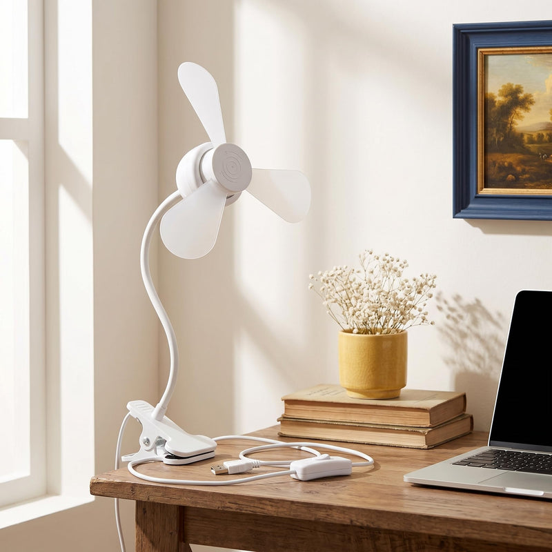 Clip-on USB Powered Fan and LED Lamp Combo, White, 360° Adjustable Flexible Gooseneck, 3000K, Quiet Operation, for Reading, Painting, and Sewing